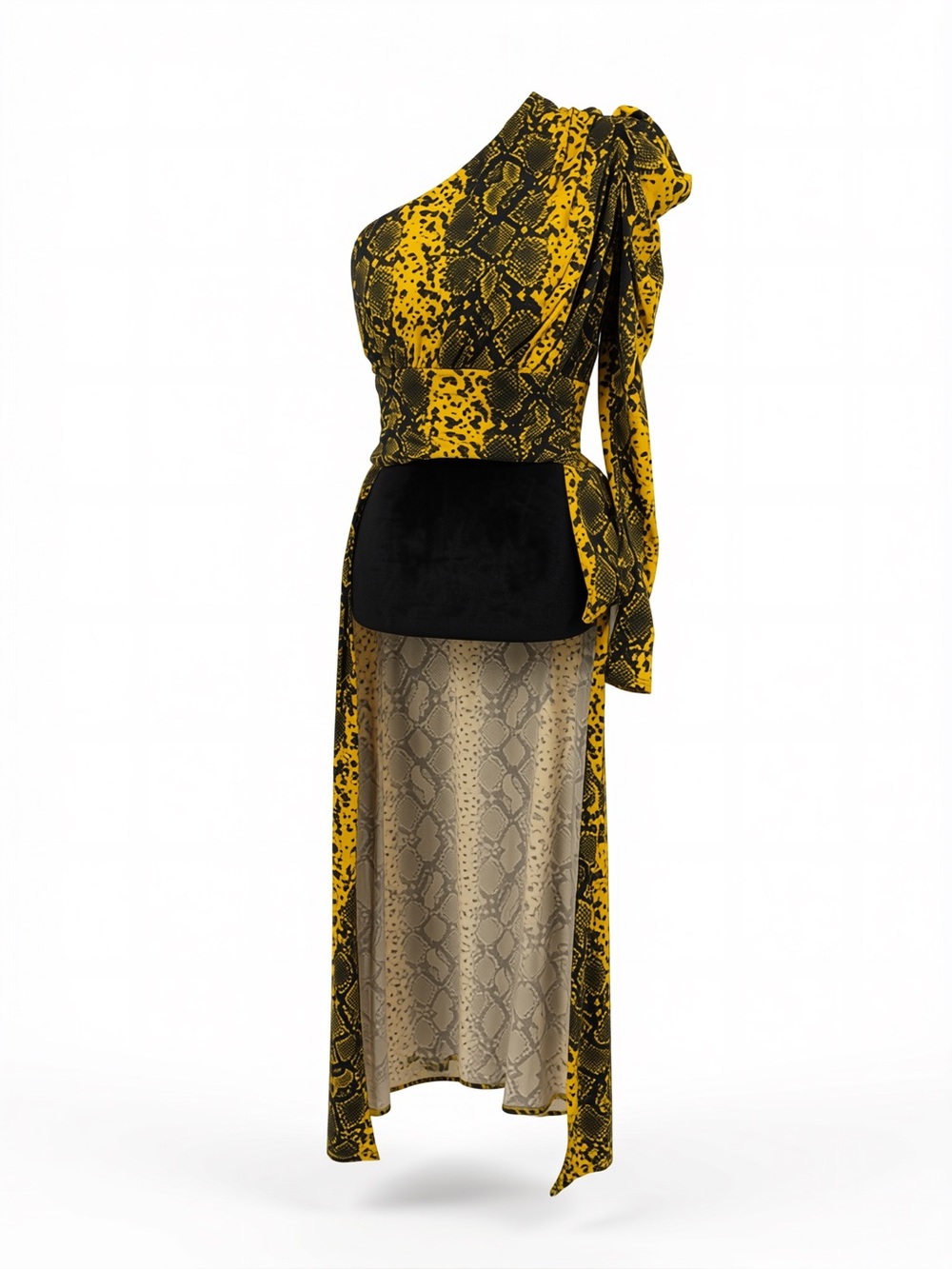 Chic Yellow and Black One-Shoulder Snake-Print shirt